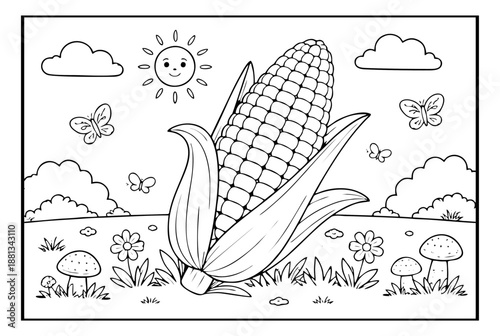 A cheerful, black-and-white line art coloring page featuring a large ear of corn surrounded by nature elements like butterflies, mushrooms, flowers, and a smiling sun.
