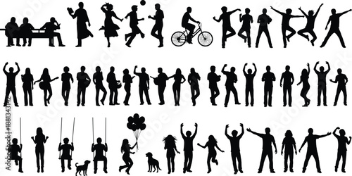 Diverse collection of people silhouettes performing various activities including sports, playing music, cycling, swinging, dancing, walking, sitting on bench, and celebrating on white background