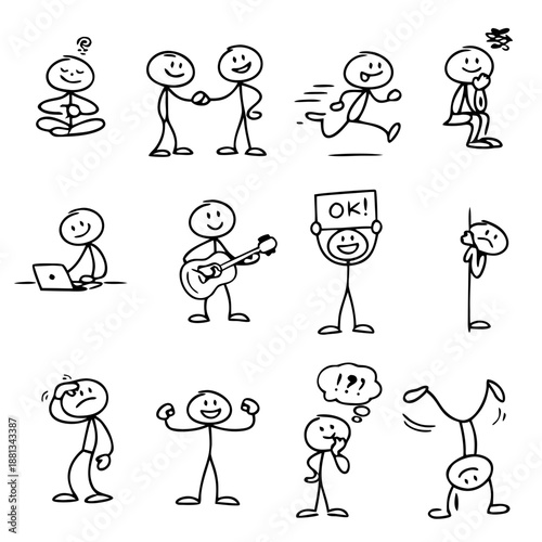 Hand drawn stick figure doodle set with meditation, handshake, running, laptop work, guitar, approval sign, confusion, strength, and acrobat poses in black line art.