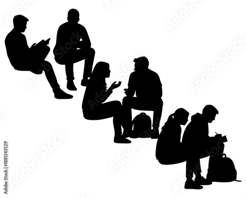 Black silhouettes of students and young adults in various poses including reading, talking, and writing. Ideal for educational, social, and lifestyle designs.