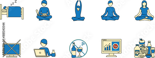 Set of Healthy Lifestyle Icons Featuring Sleep Meditation Yoga Work Life Balance Nutrition and Mental Wellbeing Concepts Isolated on White Background for Health Graphic Design