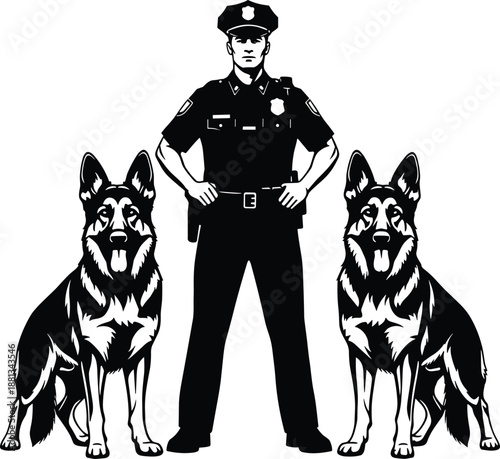 Silhouette of a police officer standing confidently between two German Shepherd K9 dogs, representing law enforcement security and professional canine handler service isolated on white