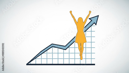 Woman jumping on rising graph with arms raised in triumph symbolizing success and growth in business and finance with upward trend