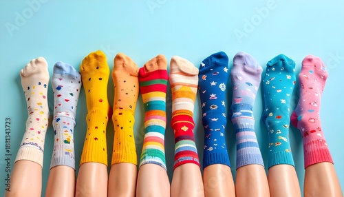 flat lay feets wear different colour of socks on blue background, world down syndrome awereness concept