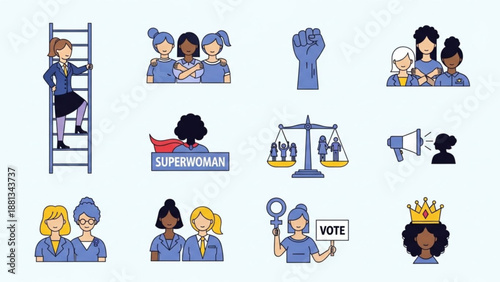 Diverse women in various empowering poses and symbols for equality and feminism