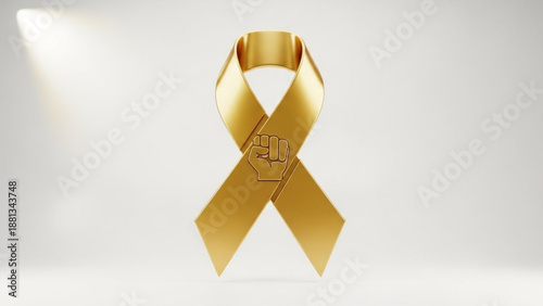 Golden awareness ribbon symbolizing support and solidarity for a cause isolated on white background with soft lighting