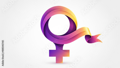 Female symbol with flowing ribbon in gradient purple pink and yellow colors representing feminism and women's empowerment on a clean white background