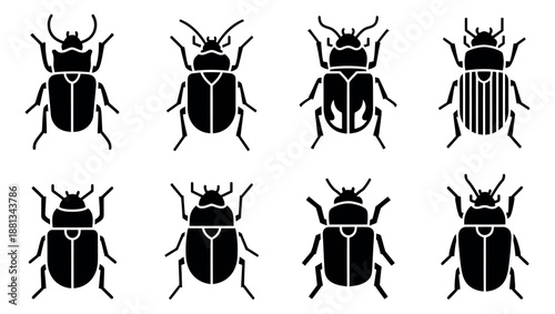 Modern line art beetle icon set featuring eight diverse insect designs for nature and entomology projects