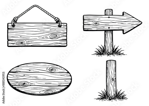 Hand drawn line art wooden sign and post set featuring various shapes including a hanging board, an arrow pointer, and a rustic pole for design elements