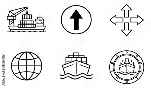 Line art shipping and logistics icons set featuring cargo ships, arrows, and a globe for global delivery and navigation