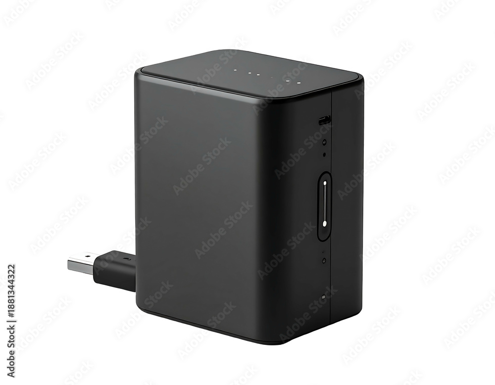 Fototapeta premium Black rectangular device with a USB cable protruding, showcasing sleek, modern design on black background