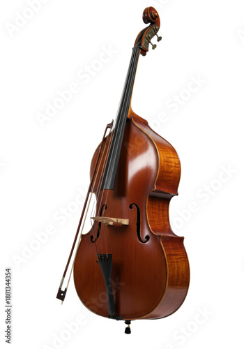 A majestic vintage mahogany double bass with a pernambuco bow isolated on a white studio background with copy space. Concept of musical heritage and elegance