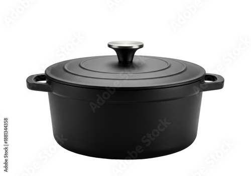 Premium matte black cast iron dutch oven with a geometric knob, perfectly isolated against a transparent background in high-key studio light, minimalist commercial product design concept