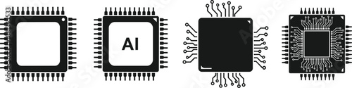 Artificial intelligence AI processor chip icons set, computer CPU microchip hardware, cad drawing flat vector illustration, digital circuit board technology, electronic.