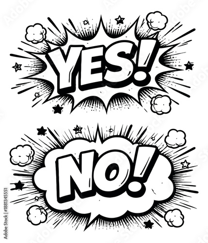 Hand drawn comic speech bubble set featuring 'yes!' and 'no!' exclamations for communication