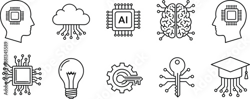 Artificial intelligence AI technology icons set, digital brain, neural network, cloud computing, computer chip, cad drawing flat vector illustration, smart data.