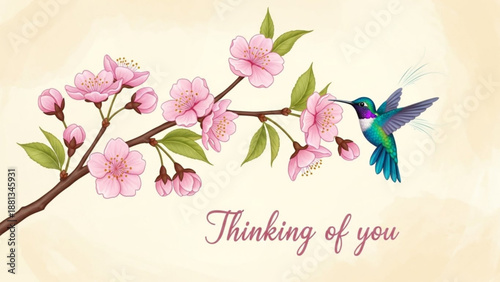 Hummingbird sips nectar from pink cherry blossoms with thinking of you message on beige background