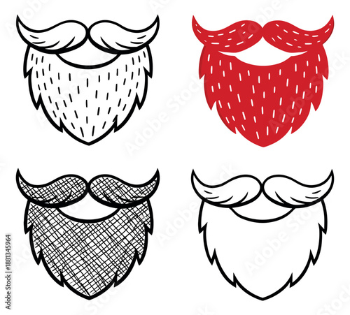 Hand drawn cartoon beard and mustache set featuring various styles and textures for barbershop and holiday design