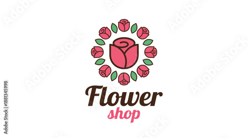 Flower shop logo featuring a pink rose centerpiece surrounded by petals with brown cursive text reading Flower and pink shop