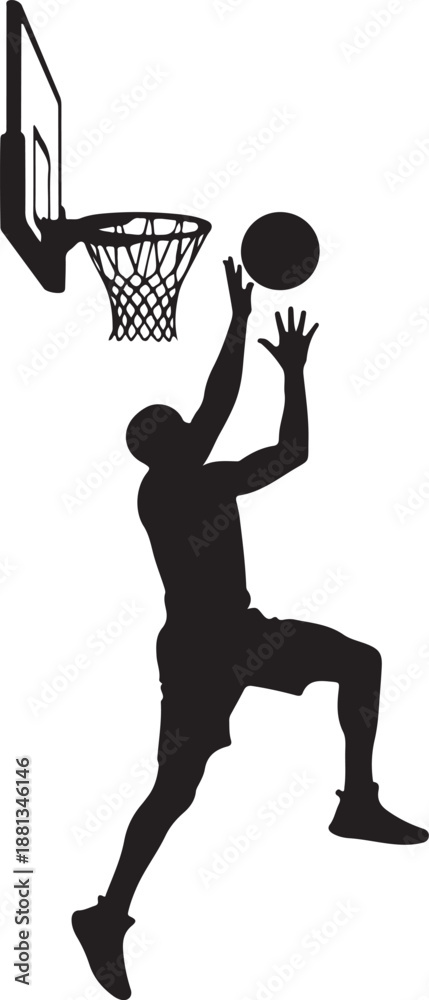 Obraz premium Basketball Player Silhouette – Professional Athlete Jump Shot Black Vector Icon Isolated on White Background
