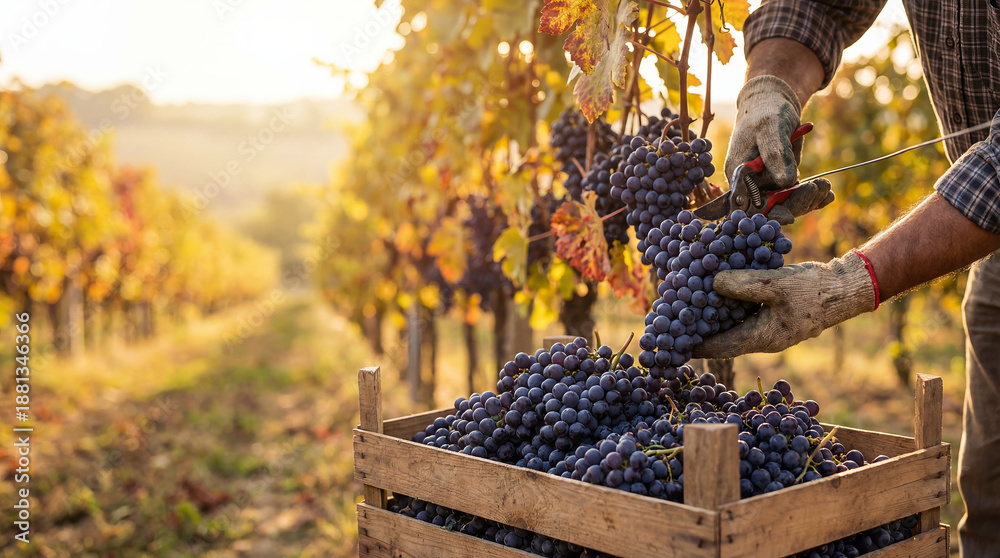 Fototapeta premium Man Harvesting Grapes in Vineyard During Autumn Wine Season
