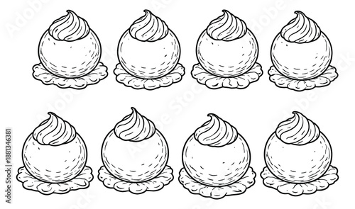 Hand drawn line art dessert set featuring delicious cream puffs for a bakery menu