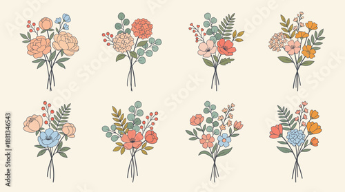 Eight watercolor floral bouquets with pastel flowers and greenery, a hand-painted botanical illustration set for design, invitations, and decor.