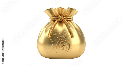 Shiny 3D golden money pouch with embossed Fu character symbolizing wealth and good fortune