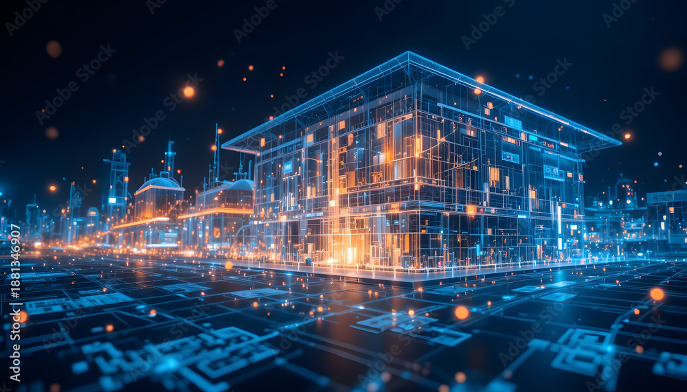 Fototapeta premium Modern Smart Building Architecture Featuring Golden Data Visualization And Sustainable Energy Solutions