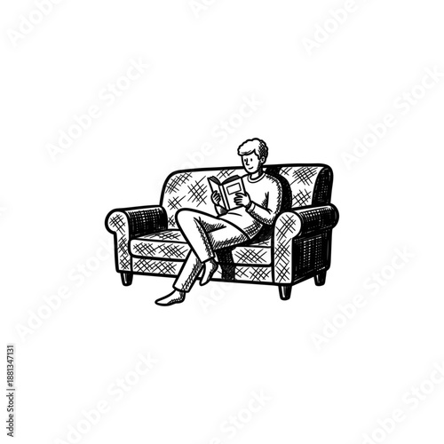 Man reading book on sofa at home, cozy leisure time, black and white illustration with copy space