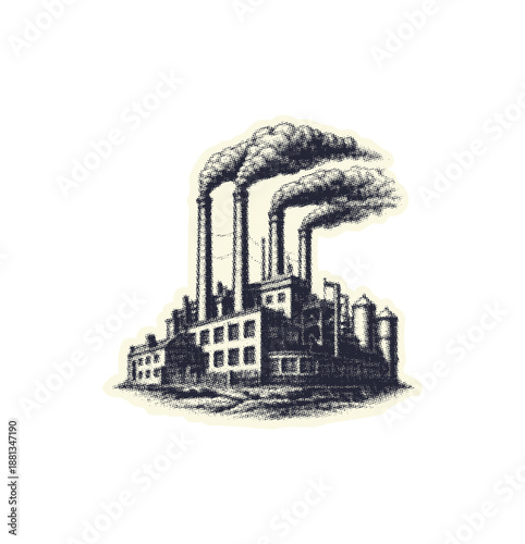 Wallpaper Mural Vintage Industrial Factory With Smoke Stacks Engraving Illustration isolated on transparent background, generative ai Torontodigital.ca