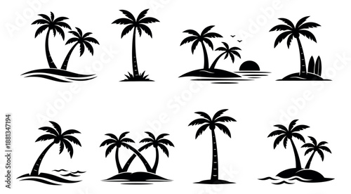 Modern silhouette palm tree icon set featuring tropical islands, ocean waves, sunset, and surfboards for summer vacation designs