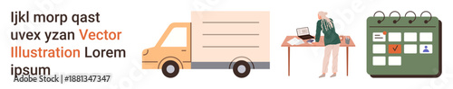 Logistics organization, delivery services, supply chain management, business planning, time management, scheduling. Delivery truck and person working at desk. Logistics and time management concepts