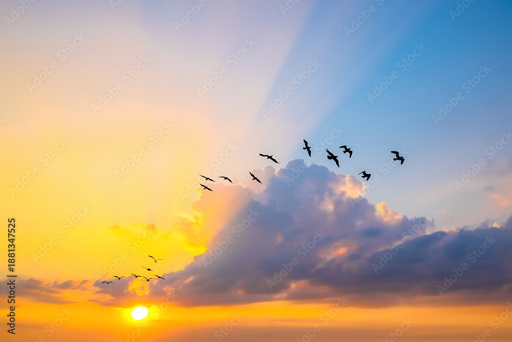 Obraz premium birds flying in formation against a vibrant sunset with clouds