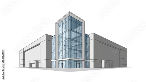 Modern architectural illustration showcasing a sleek commercial building with a prominent glass facade, representing contemporary design and urban development
