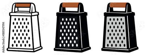 Stylized kitchen grater set featuring line art and filled designs for cooking and food preparation