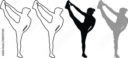 Ballet Dancer in Various Silhouettes Performing Arabesque on White Background