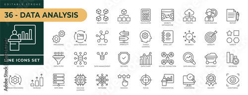 A collection of Data Analysis icons set with editable stroke, including block chain, flow chart, network, secure connection, monitoring, research, report, hosting, web. Thin linear vector illustration