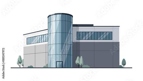 Sleek modern commercial building with a prominent glass facade, an architectural illustration depicting contemporary urban development and corporate infrastructure