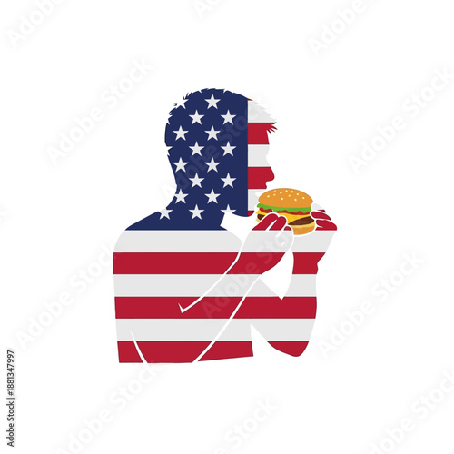 Silhouette of an american person consuming a classic cheeseburger representing national food culture and fast-food patriotism icons