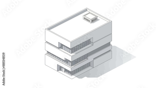 Minimalist isometric vector illustration of a contemporary multi-story commercial building, showcasing modern office architecture and urban business design