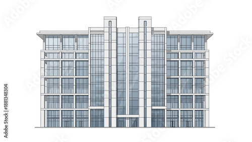 Detailed architectural illustration of a modern multi-story building with a sleek glass facade, perfect for urban development, real estate, and contemporary city design concepts