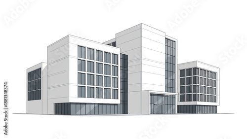 Modern architectural rendering of a sleek corporate building complex with clean lines and extensive glass windows, ideal for urban development