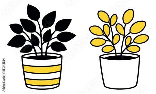 Hand drawn potted plants set featuring monochrome and yellow houseplants for home decoration