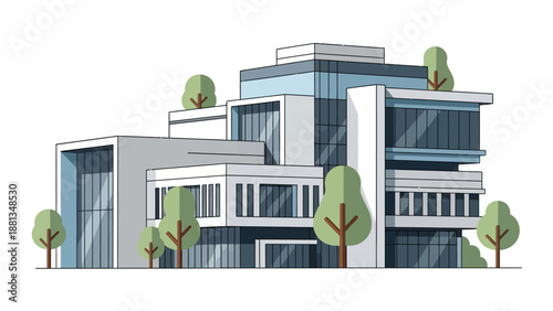 Sleek and contemporary architectural illustration of a modern office building, featuring a multi-story structure with glass facades and clean lines, surrounded by minimalist trees