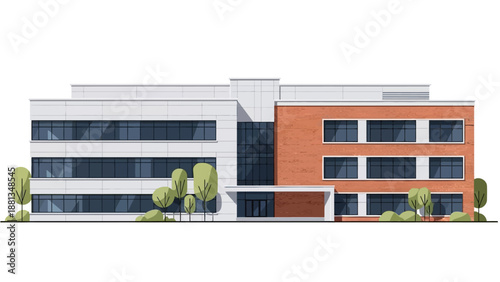 Sleek and professional modern office building illustration with contemporary architectural design, representing a thriving business environment and corporate headquarters