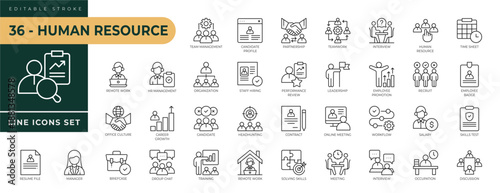 A collection of Human Resource icons set with editable stroke, including team management, candidate, partnership, teamwork, interview, time sheet, skills test, online. Thin linear vector illustration