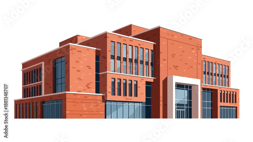 Vibrant digital illustration of a contemporary brick edifice featuring prominent windows, symbolizing innovation in urban architecture and modern institutional design
