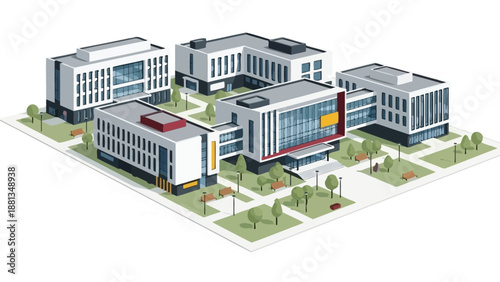 Isometric vector illustration of a modern university campus or business park with interconnected buildings, green areas, and pathways, showcasing urban development and contemporary architecture