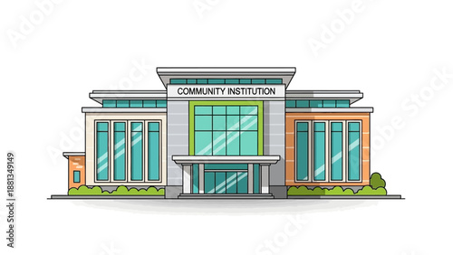 Modern community institution building vector illustration, featuring contemporary architecture, clean lines, and a welcoming entrance for public services and administrative facilities